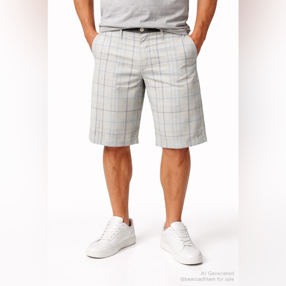 O’Neill Men’s Flat Front Plaid Shorts W40 Blue White Long Inseam